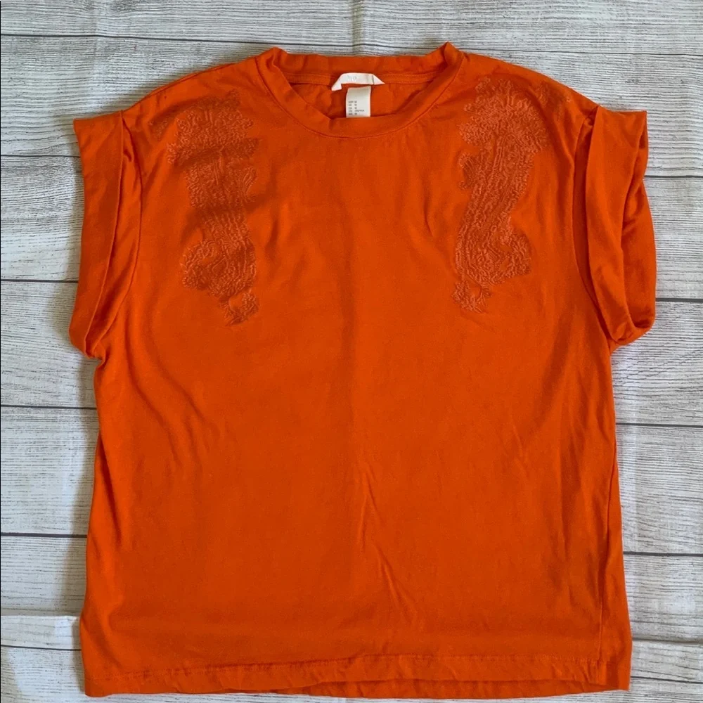 H&M Orange Short Cap Sleeve Top with Embroidered Accents - Picture 3 of 7